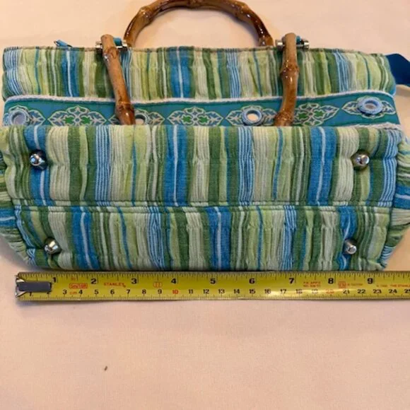 BRACIANO | Vintage Green & Blue Small Tote Purse Bag w/Round Mirror inserts - Picture 7 of 11